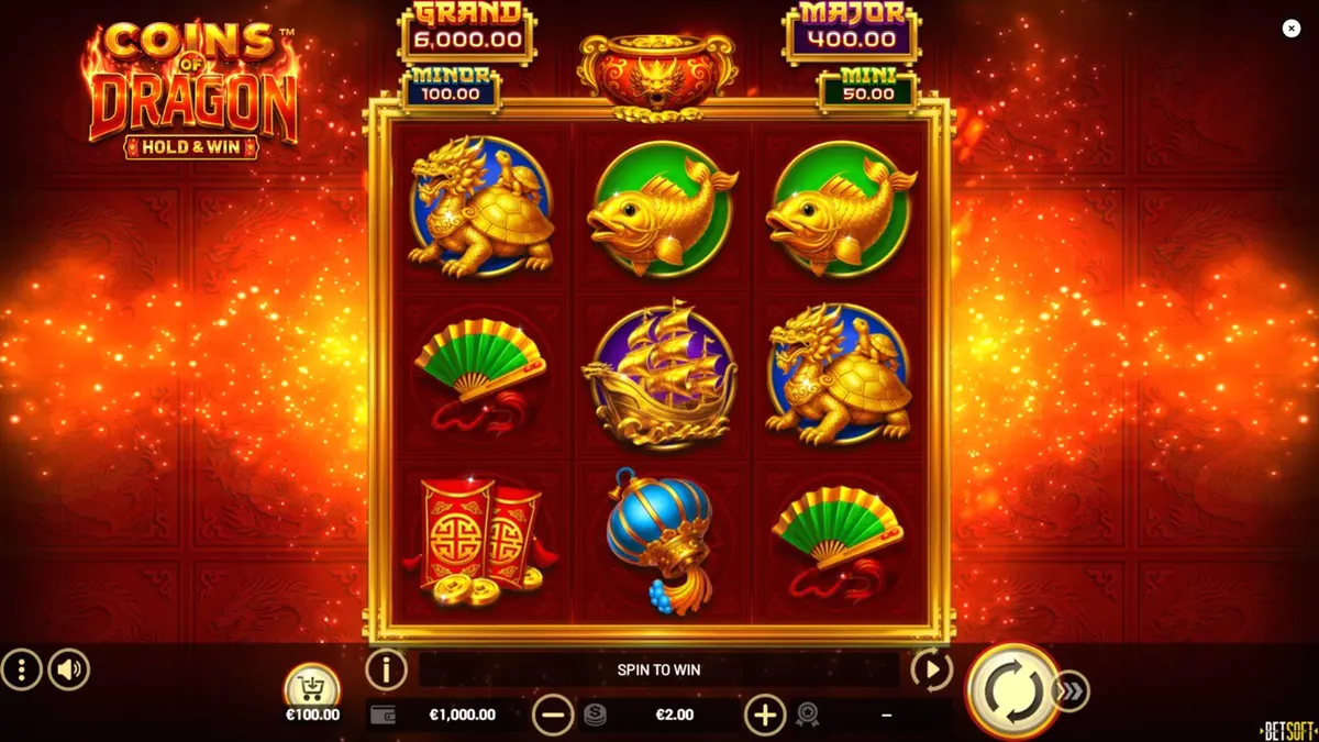 Coins of Dragon – Hold & Win slot machine interface with golden dragon theme