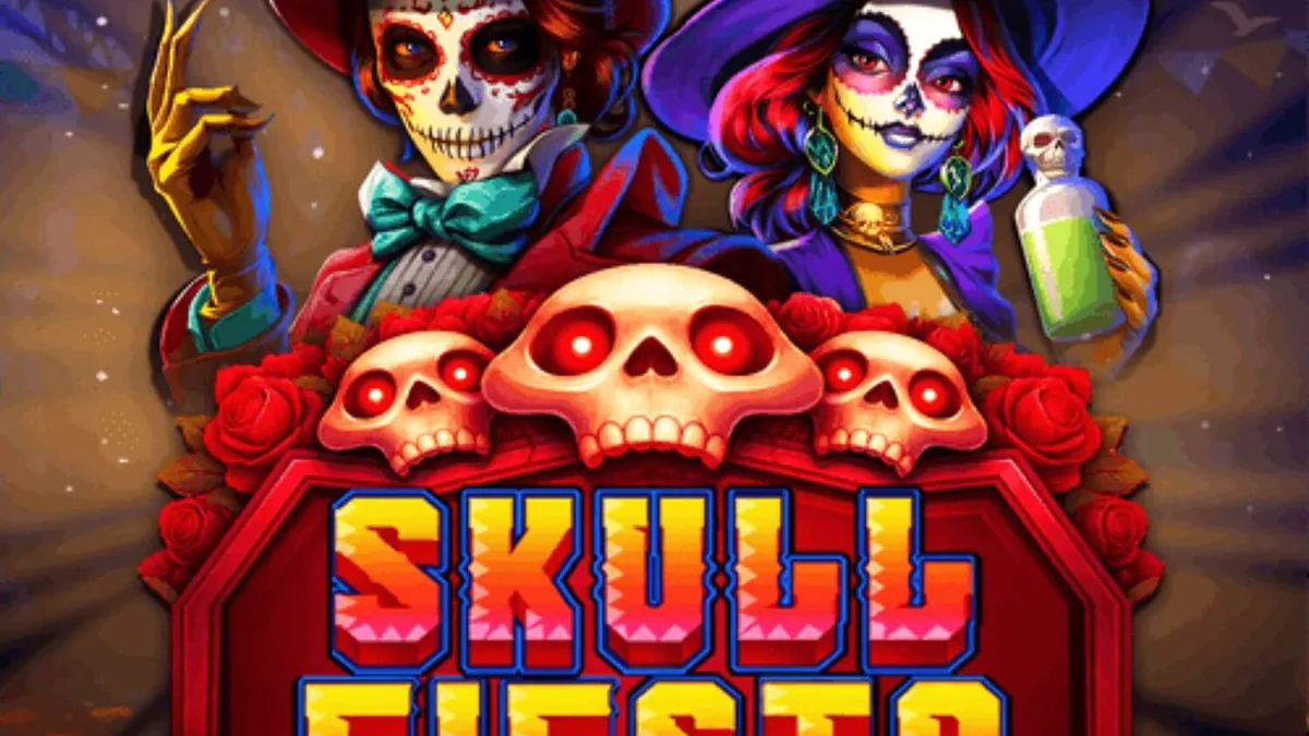 Tampilan visual slot Skull Fiesta dengan tema Day of the Dead dan simbol tengkorak yang artistik.